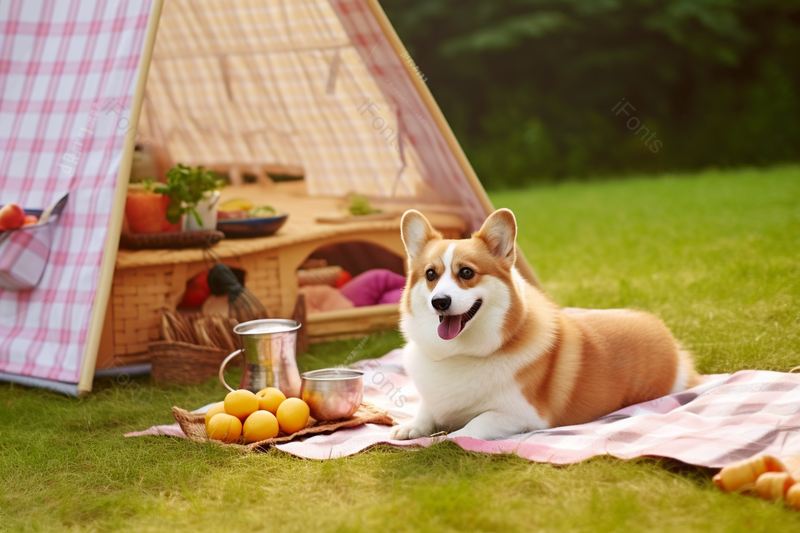 野餐露营草地上的小狗柯基,高清,摄影图,摄影图片,图片大全,摄影图免费下载